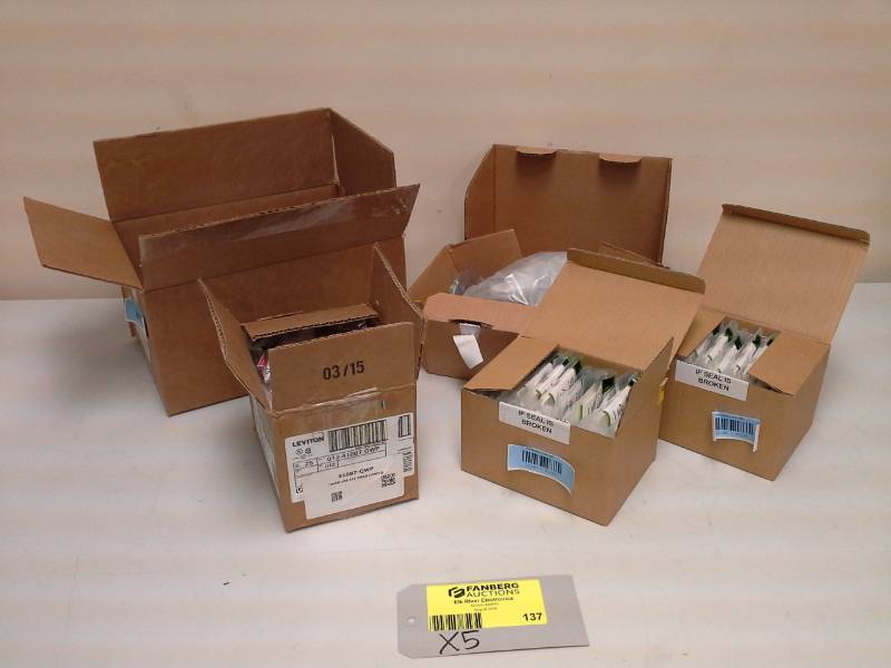lot 137 image: Lot of (5 Boxes of) 7ft. Fiber Cable Assembly, Leviton Quickport Quad 106 4-Port Housing, Camera Domes, Ortronics 106 Baseplate 4TJ Openings