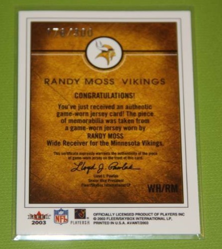 2003 Fleer Avant NFL Work of the Hear Randy Moss Relic 176300