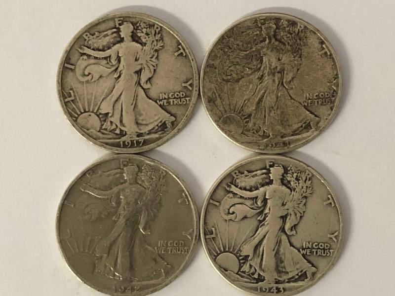 lot 98 image: 4 Walking Liberty Half Dollars 1917, 1941, 1942, 1943