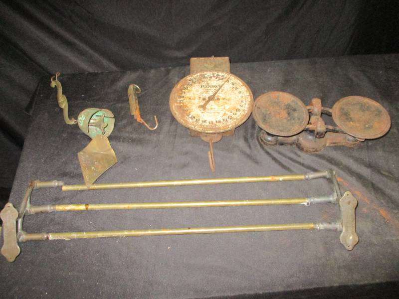 lot 57 image: Old Scales some might be brass, Old rack some brass