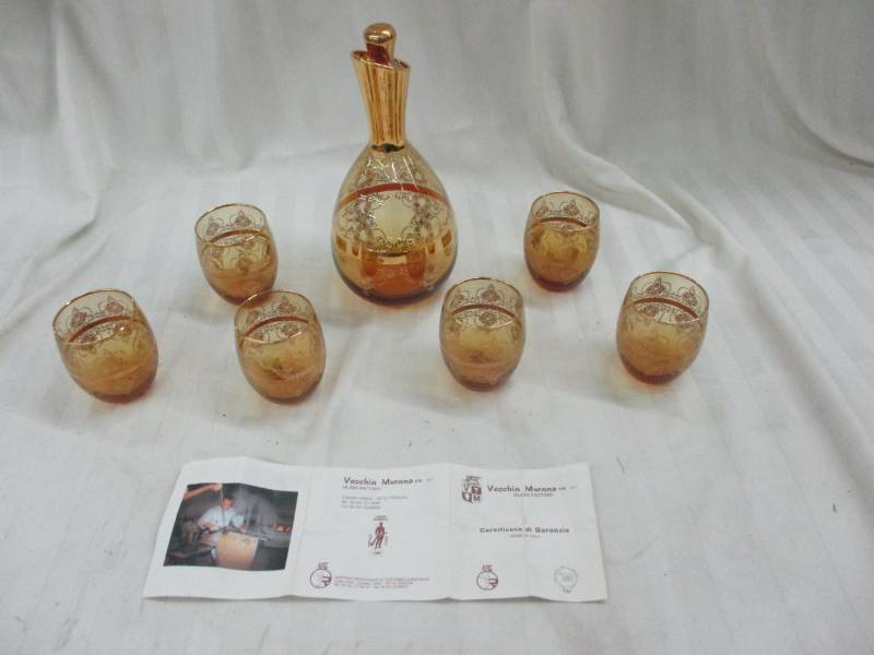 lot 111 image: Vecchia Murano Decanter and 6 Glasses Set-24k Trim, Made in Italy
