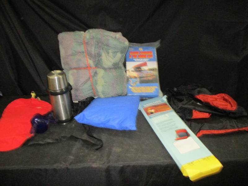 lot 115 image: Therma rest lite chair kit, Canoe Tie Down Kit, Thermos, Cammo Blanket and measuring cups