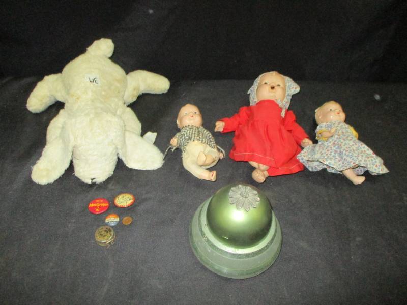 lot 128 image: Early 1900s Old Dolls, Gund Stuffed Puppy, Old Buttons, pin