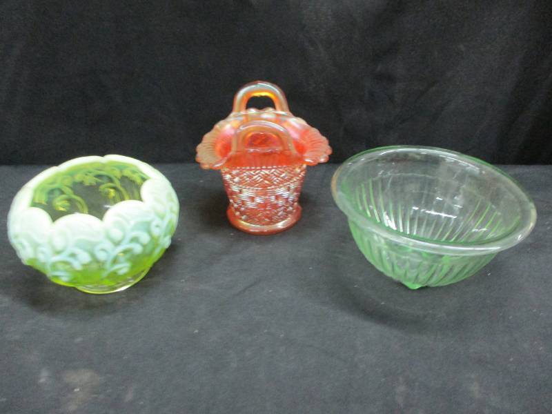 lot 131 image: Fenton Bowl , Carnival GlassBasket and Green Depression Bowl