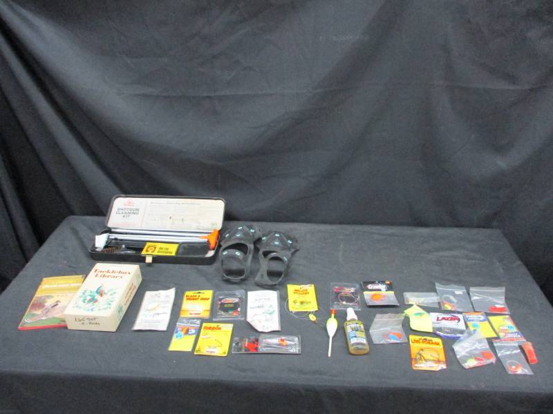 lot 24 image: Fishing Items, Tackle, Ice Grippers, Gun Cleaning Kit and Fishing Books
