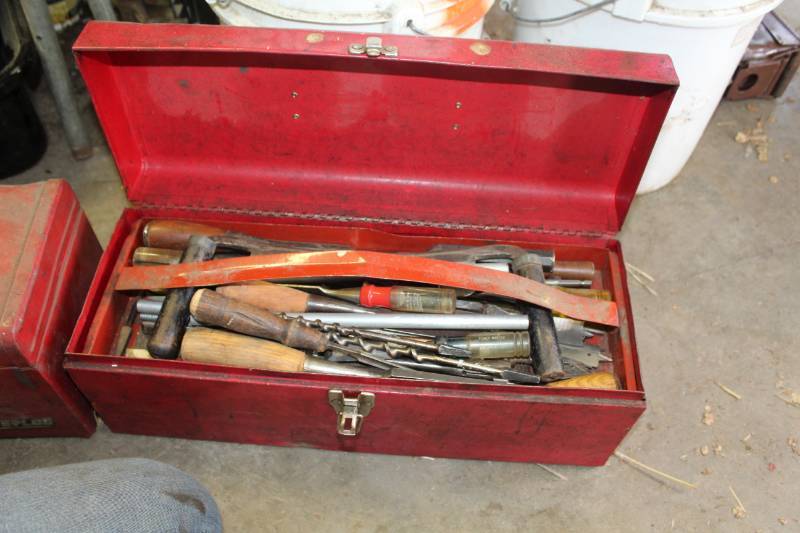 lot 223 image: Metal Tool Box, Chisels, Hand Drill, Drill Bits