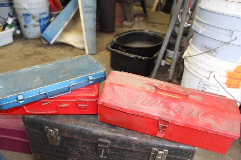 lot 225 image: Lot of (3) Metal Tool Boxes, Wrenches, Sockets, Allen Wrenches, Pipe Wrenches, Misc. Hardware and more
