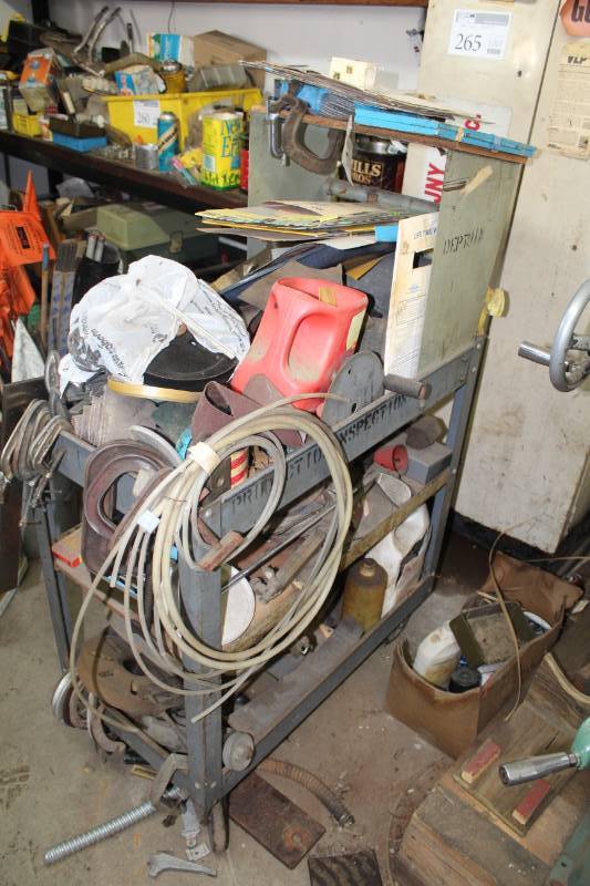 lot 264 image: 3-Tier Metal Utility Cart with C-Clamps, Sandpaper, Misc. Tools and Hardware