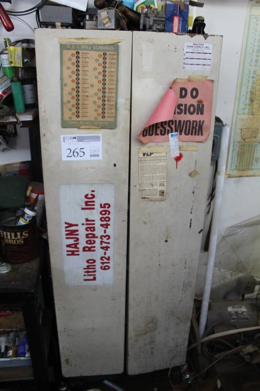 lot 265 image: 2-Door Metal Cabinet, Craftsman Torque Wrench, Gear Pullers, Press, Misc. Hardware and more