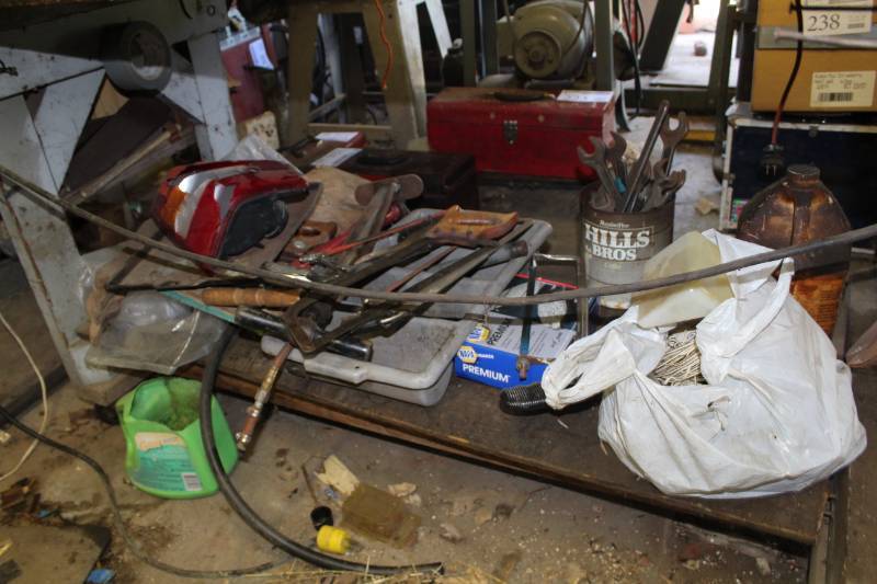 lot 274 image: Tools, Containers, Parts, Plastic Wrap, Hand Saw, Hack Saws, Wrenches, And More