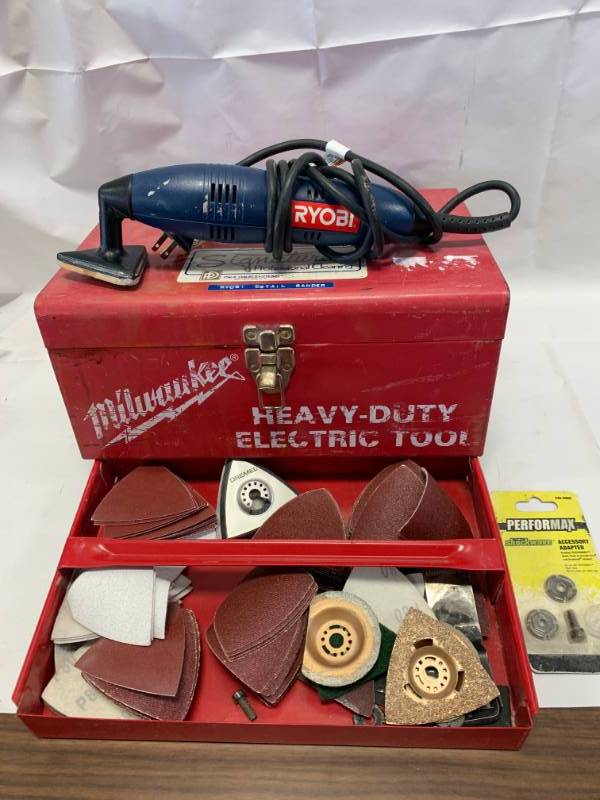 lot 1 image: Ryobi Detail Sander w Sandpaper & Milwaukee Toolbox