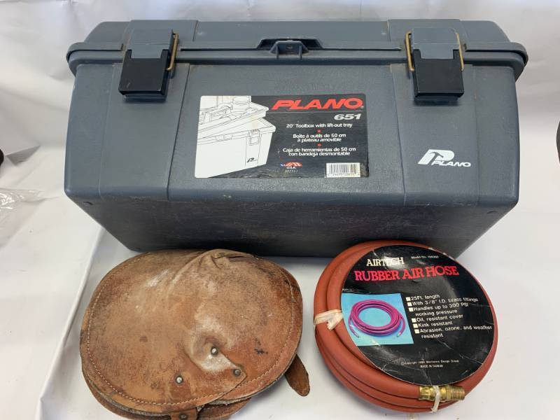 lot 22 image: Plano Tool Box, 25 Air Hose & Pair Leather Knee Pads