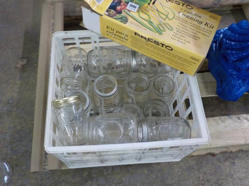 lot 140 image: Plastic Crate with Canning Jars and...