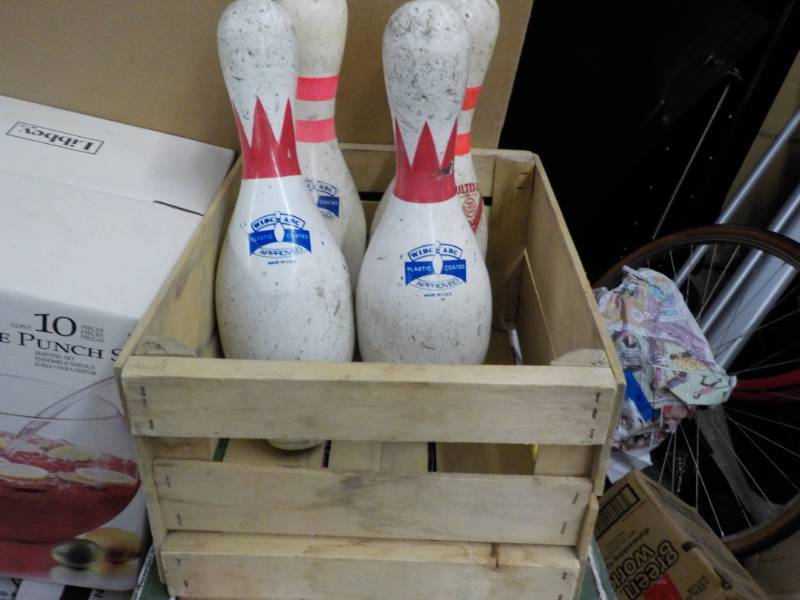 lot 267 image: Wood Slat Box with 4 Bowling Pins...