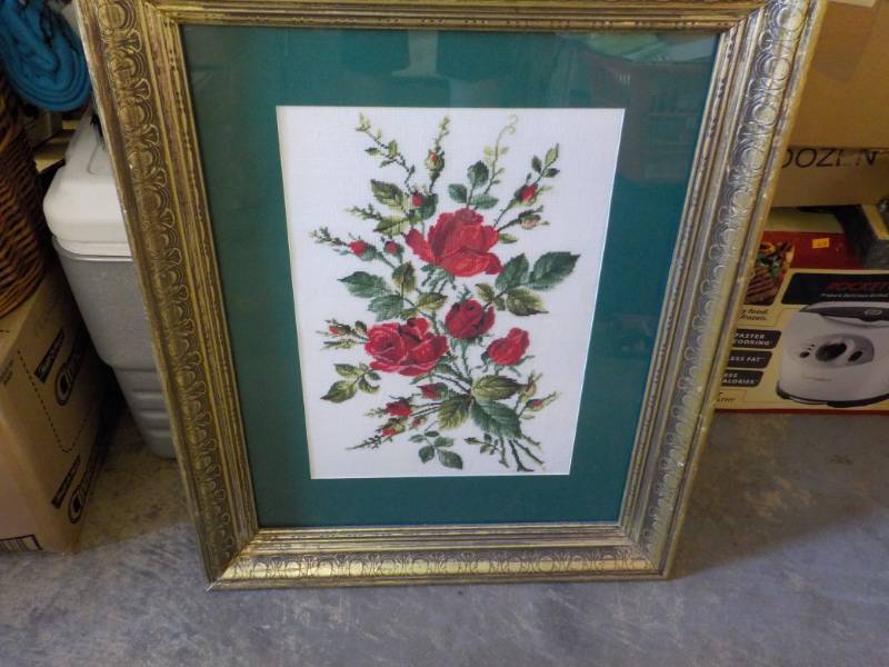 lot 331 image: Cross Stitched Rose Framed, 23 x 29...