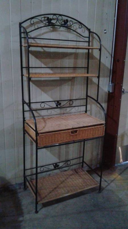 lot 20 image: Wrought Iron And Wicker Bakers Rack, Used
