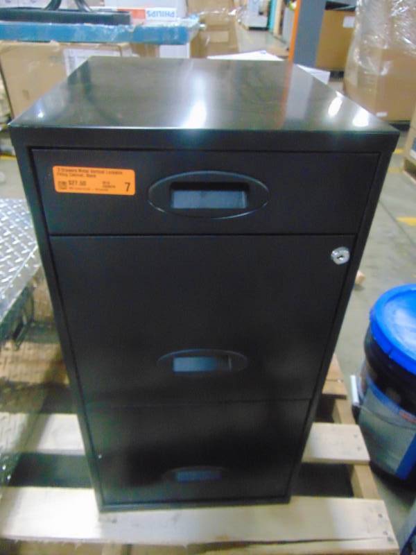 lot 208 image: Lorell 3 Drawers Metal Vertical Lockable Filing Cabinet, Black 17427