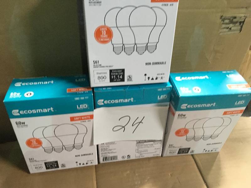 lot 24 image: EcoSmart 60-Watt Equivalent A19 Non-Dimmable LED Light Bulb Soft White (4-Pack) not used