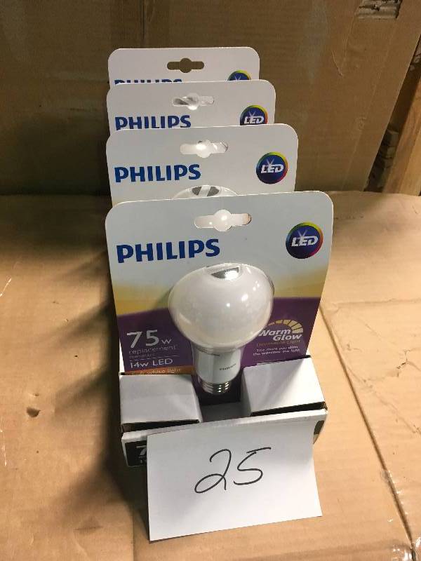 lot 25 image: Philips 75-Watt Equivalent A21 Dimmable with Warm Glow Dimming Effect Energy Saving LED Light Bulb Soft White (2700K) (4-Pack) not used