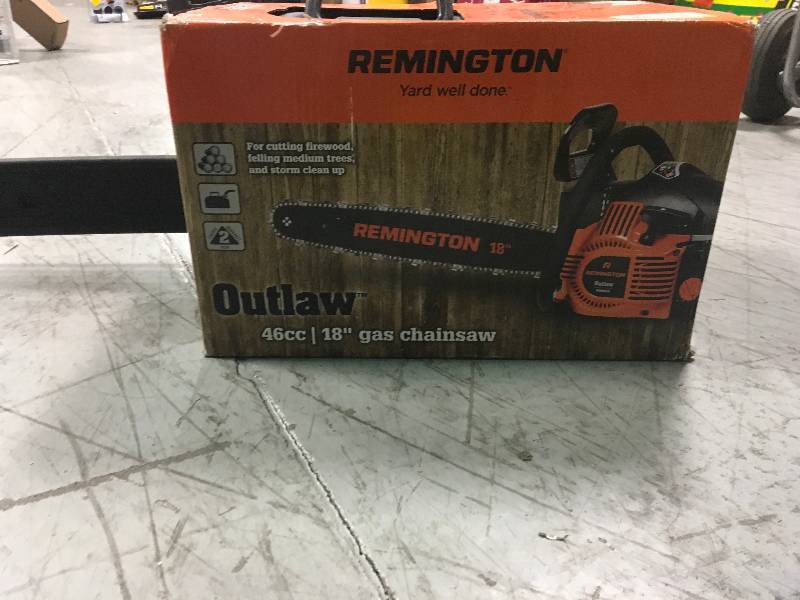 lot 60 image: Remington Outlaw 18 in. 46cc Gas 2-Cycle Chainsaw with Heavy-Duty Carry Case and Automatic Chain Oiler in good condition