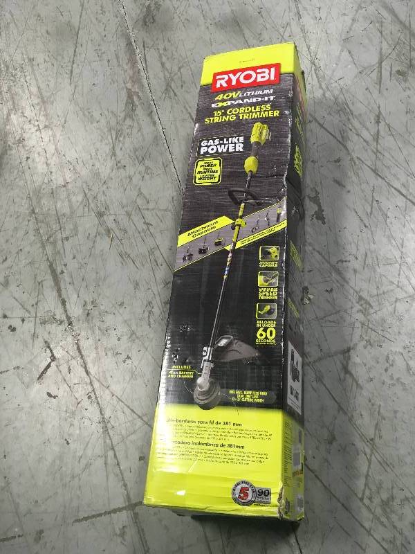 lot 70 image: RYOBI 40-Volt Lithium-Ion Cordless Attachment Capable String Trimmer, 4.0 Ah Battery and Charger Included in good condition