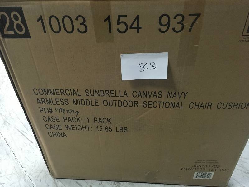lot 83 image: Hampton Bay Commercial Grade Armless Middle Outdoor Sectional Chair Cushion in Sunbrella Canvas Navy not used