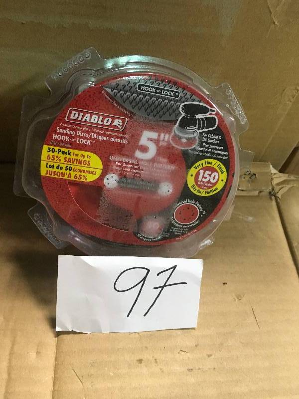 lot 97 image: Diablo 5 in. 150-Grit Universal Hole Random Orbital Sanding Disc with Hook and Lock Backing (50-Pack) not used