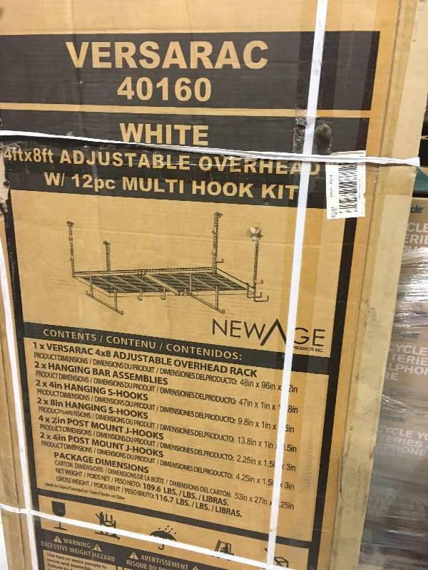 LOT OF 2 NewAge Products VersaRac 42 in. H x 48 in. W x 96 in. D Adjustable Height Garage Ceiling Mounted Storage Unit in White w12-Piece Hooks not used