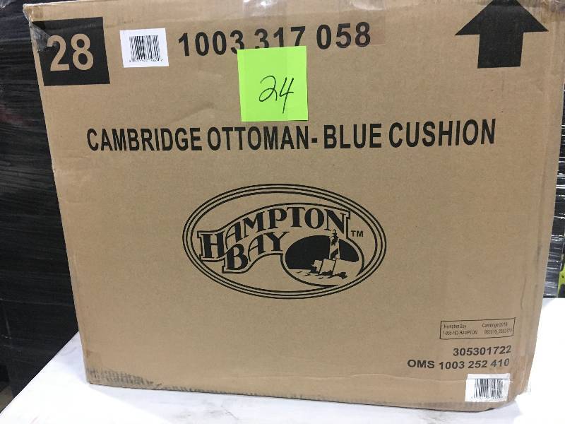 Hampton Bay Cambridge Brown Wicker Outdoor Ottoman with Blue Cushions not used