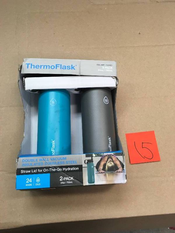 lot 15 image: Thermoflask 24-Ounce Double Wall Vacuum Insulated Stainless Steel Water Bottles 2-Piece not used