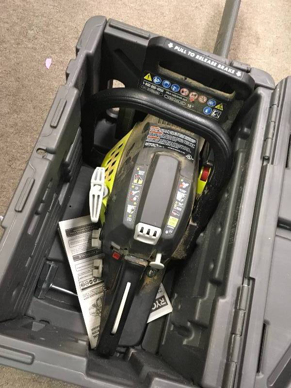 lot 16 image: RYOBI 18 in. 38cc 2-Cycle Gas Chainsaw with Heavy Duty Case  in good condition