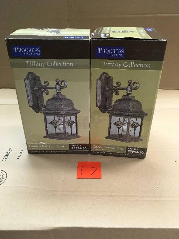 lot 17 image: Lot of 2 Progress Lighting P5994-50 1-Light Wall Bracket with Water Patterned Glass and Faux Tiffany Art Glass Accents not used