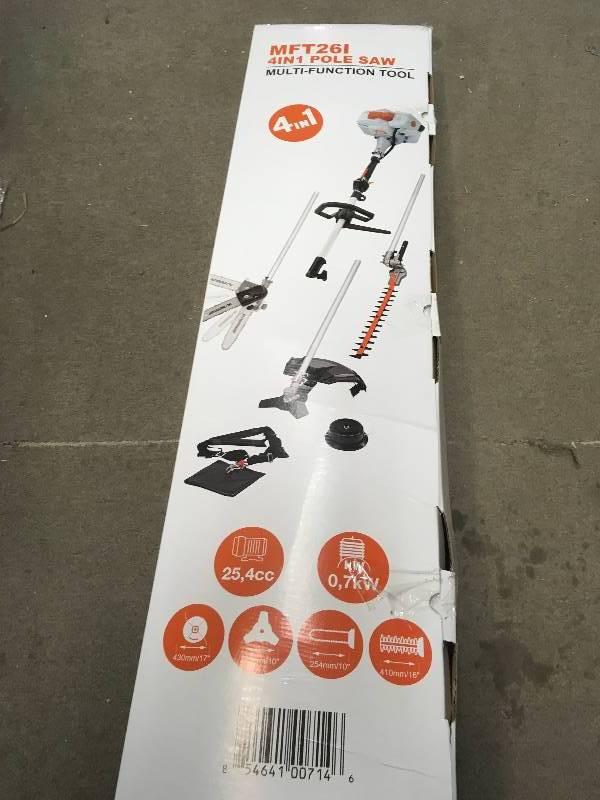 lot 52 image: 2-Cycle 26 cc Gas Full Crank Shaft 4 in 1 Multi Function String Trimmer with Pole Saw Attachment not used