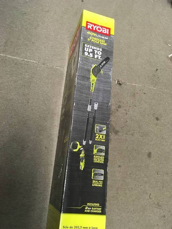 lot 69 image: RYOBI 8 in. 40-Volt Lithium-Ion Cordless Pole Saw 2 Ah Battery and Charger Included in good condition