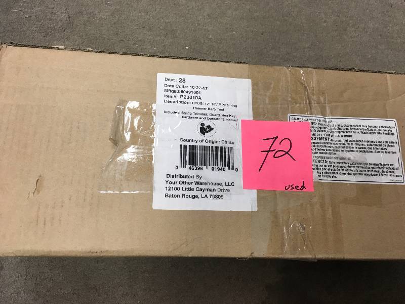 lot 72 image: RYOBI ONE 18-Volt Lithium-Ion Electric Cordless String Trimmer Battery and Charger Not Included USED in good condition