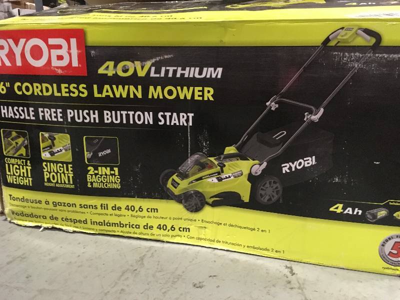 lot 74 image: RYOBI 16 in. 40-Volt Lithium-Ion Cordless Battery Walk Behind Push Lawn Mower - 4.0 Ah BatteryCharger Included not used