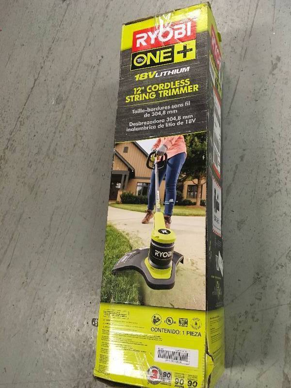 lot 83 image: RYOBI ONE 18-Volt Lithium-Ion Electric Cordless String Trimmer 2.0 Ah Battery and Charger Included in good condition