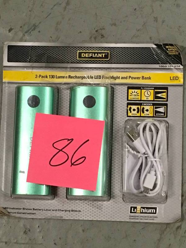 lot 86 image: Defiant 2-pack 130 Lumen Rechargeable Flashlight and Power Bank not used