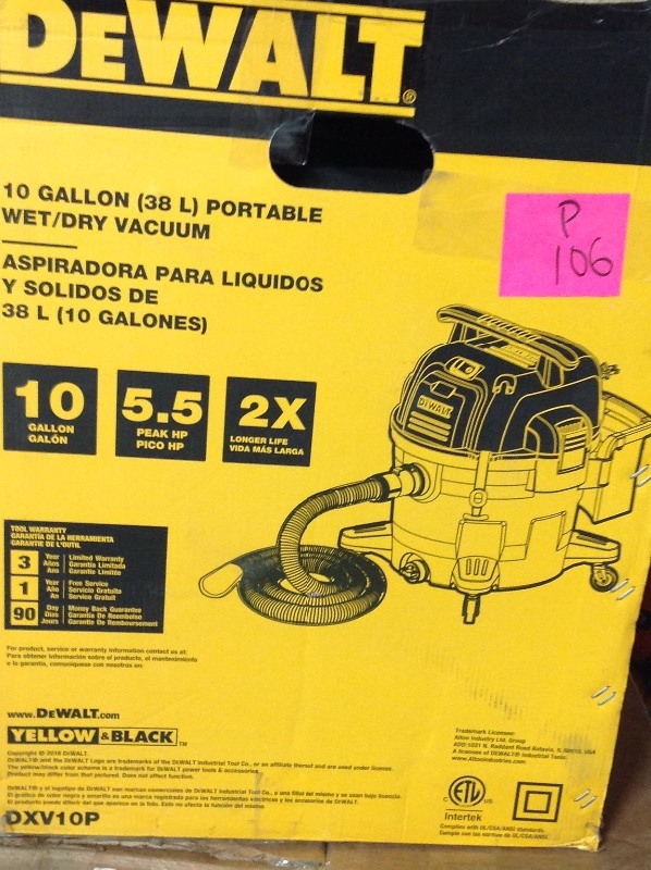 lot 106 image: DEWALT 10 Gal. Poly WetDry Vac in good conditions