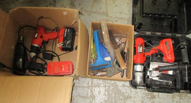 lot 7 image: 3 Drills and a box of  Tools, Electic Drill 24 Volt  Battery with drill
