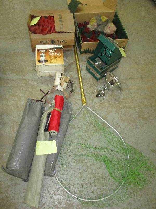lot 26 image: Single Burner Propane Stove, Sunflower Heater Top, Dip Net, Boot Spikes, Lowrane fish locator, Tent Tops rain protectors