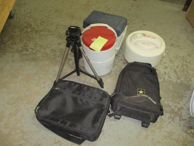 lot 30 image: Dehydrator, Water Cooler, Cooler, Tri-pod, Back packs Army and computer Bag