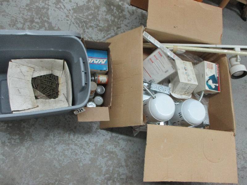 lot 39 image: Track Lighting new and used, Misc Nails , Tub with cover 2 new can lights