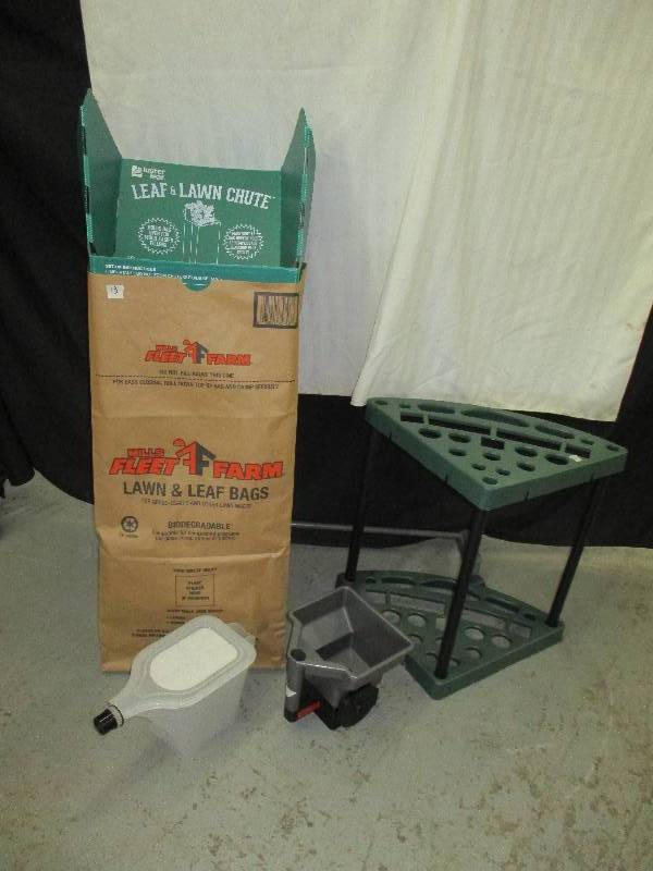 lot 48 image: Leaf and Lawn Shoot and Extra Bags, Corner Organizer for your Rakes and shovels, Hand Seeder
