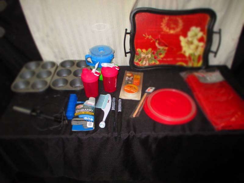 lot 51 image: Muffin Pans, Shaker Bottles, Nice Christmas Tray, Curling Iron, Organizer, and some food take along containers
