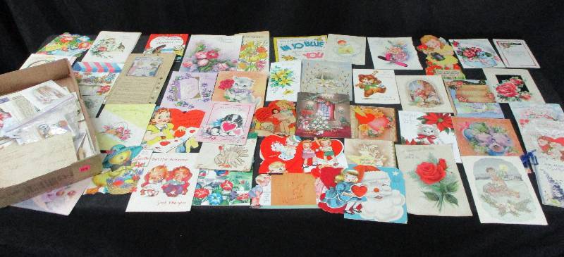lot 114 image: Vintage Valentines and cars, some letters and misc in box too