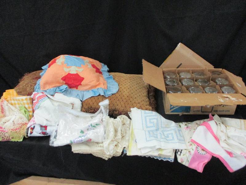lot 139 image: Pillows, Linens, Table Clothes and Canning Jars Wide mouth Pints