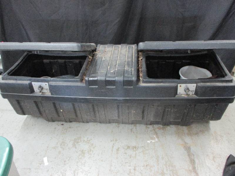 lot 148 image: Truck Toolbox full of Tarp, Heat Light , hitch and tools