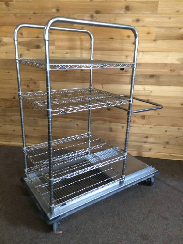 lot 54 image: MSRP $2000&nbspMetro Super Erecta Stainless Steel 4 Shelf  Mobile Wire Storage Shelving Unit Transport Cart