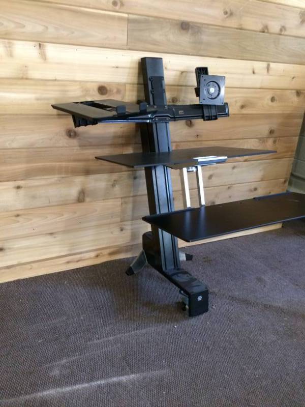 lot 71 image: MSRP $750 Ergotron WorkFit-S Sit-Stand Dual Monitor Workstation With What Appears To Be A Laptop Kit - Excellent Condition